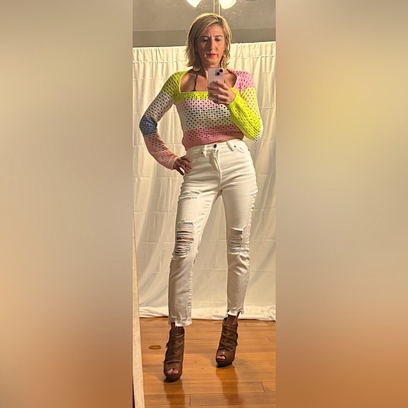 FOCUSNORM Colorblock Sweater Hollow Long Sleeve U-shaped Neck Knit Pullover - Picture 12 of 13